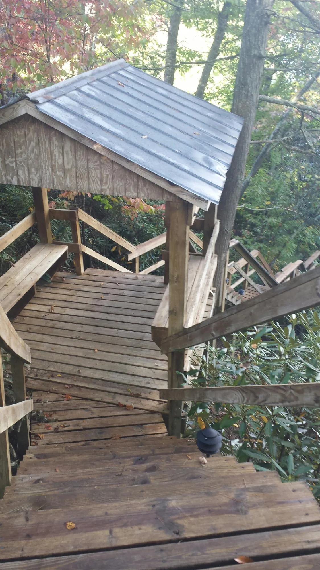 Metal roofed shelter over wooden steps on a wooded walkway — Skylight Repair & Installation work by our crew in Eskridge